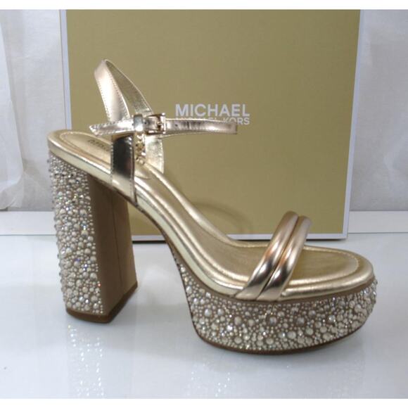 Michael Kors Laci Embellished Metallic Leather Platform Sandal Pale Gold Size 8 - Picture 1 of 10